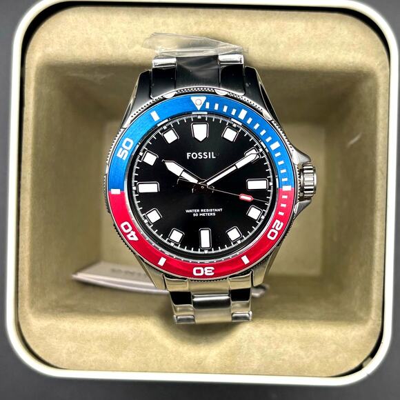 Fossil BQM2883 Mens Black Dial Pepsi Bezel Stainless Steel Diver Style Watch NIB - Picture 4 of 17